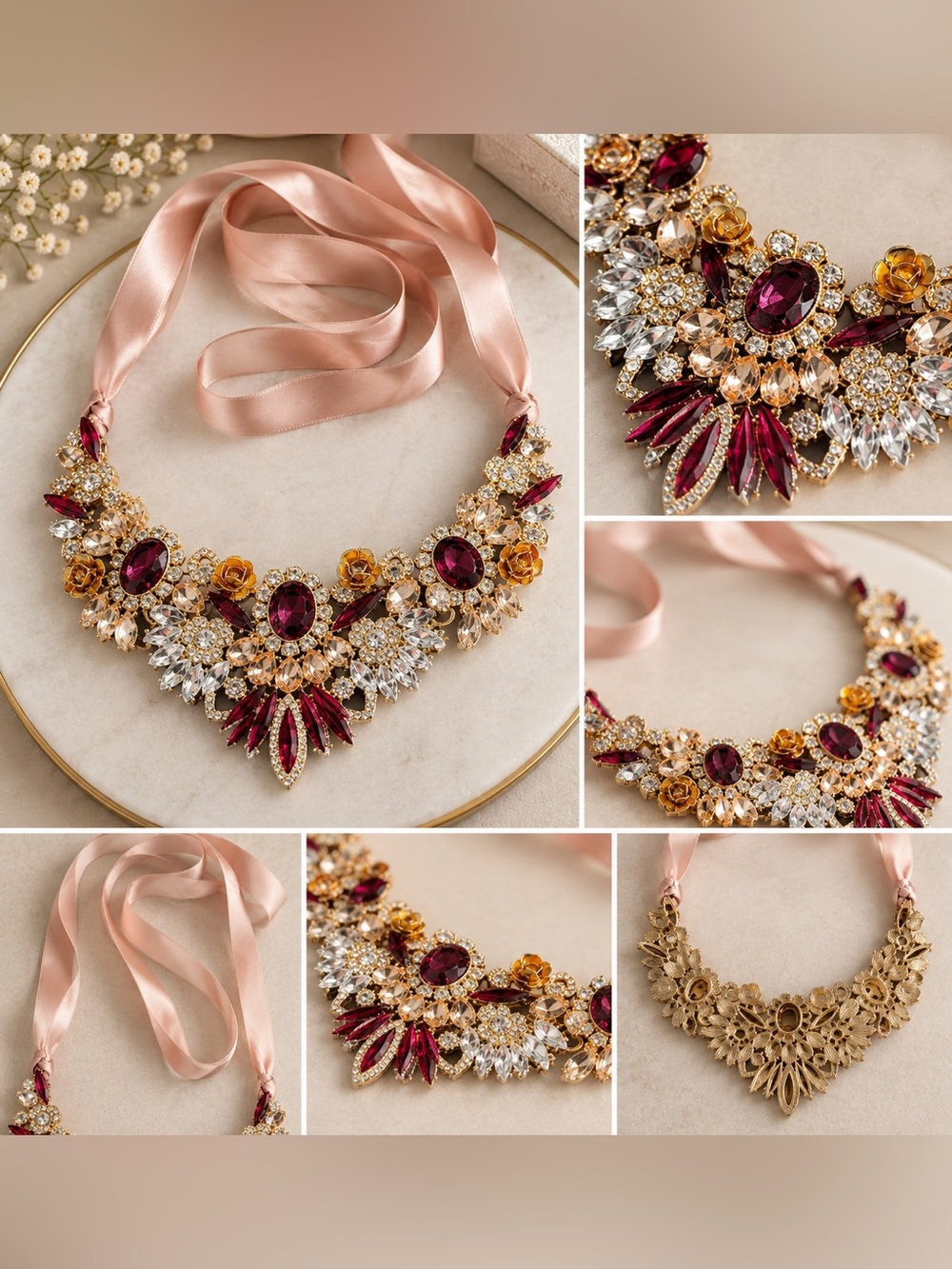 Gold-Tone Floral Statement Necklace with Burgundy Crystals